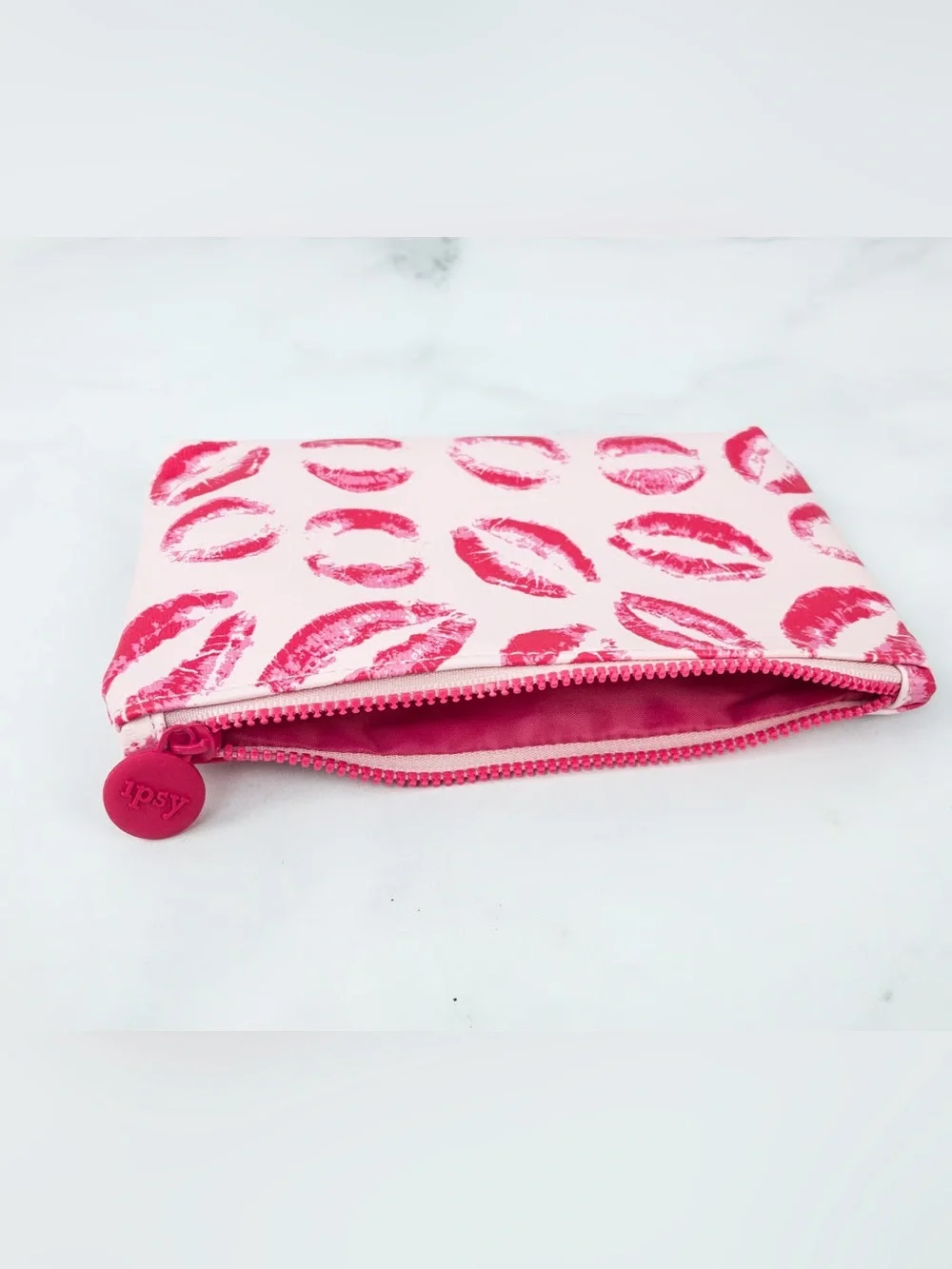 Ipsy Pink Lips Print Leather Makeup Bag Cosmetic Pouch Kiss Print Beauty Case